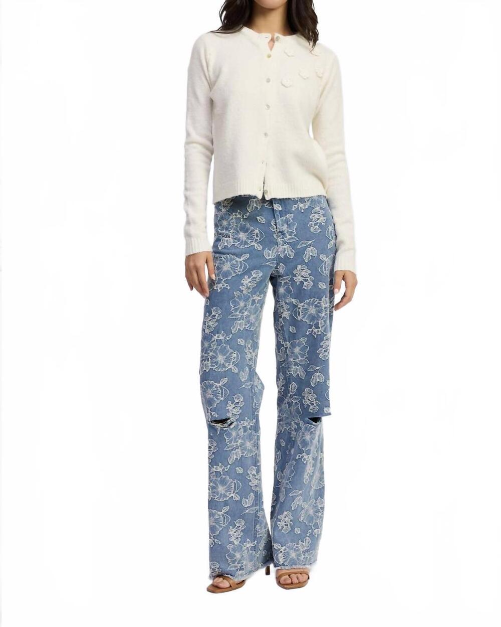 NEW EN SAISON floral distressed denim pants in blue jean